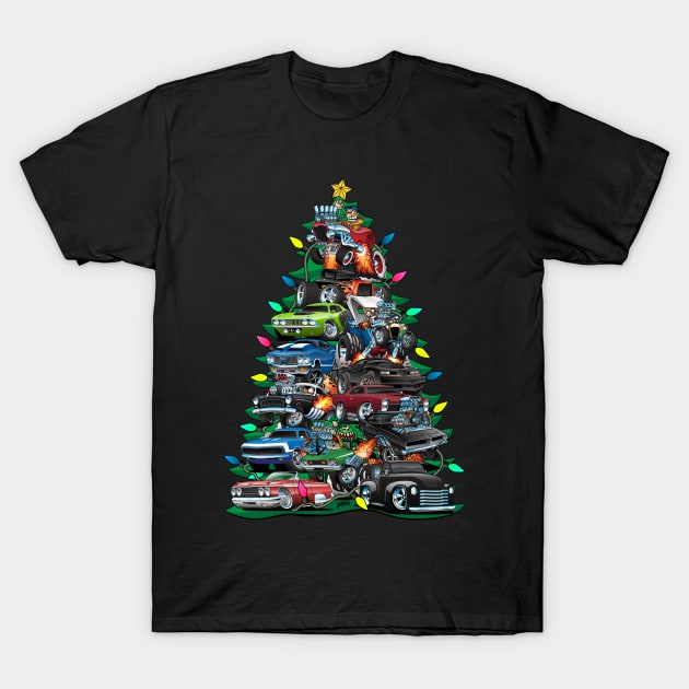 Car Madness Christmas Tree! Classic Muscle Cars and Hot Rods T-Shirt by hobrath